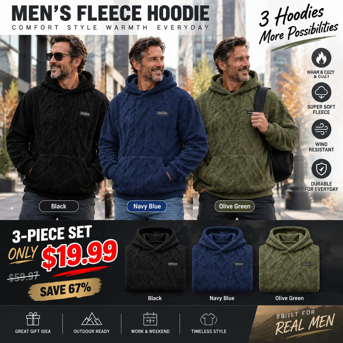 Men's Winter Fleece Lined Hoodie Jacquard Pattern Long Sleeve Pullover Sweatshirt for Casual Outdoor Wear