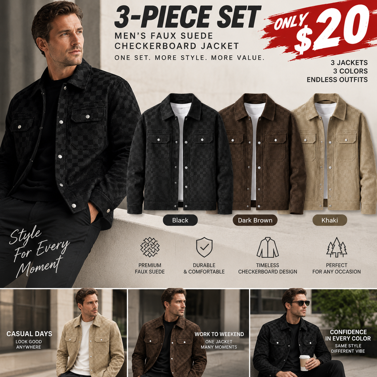 Men's Vintage Faux Suede Checkerboard Jacket