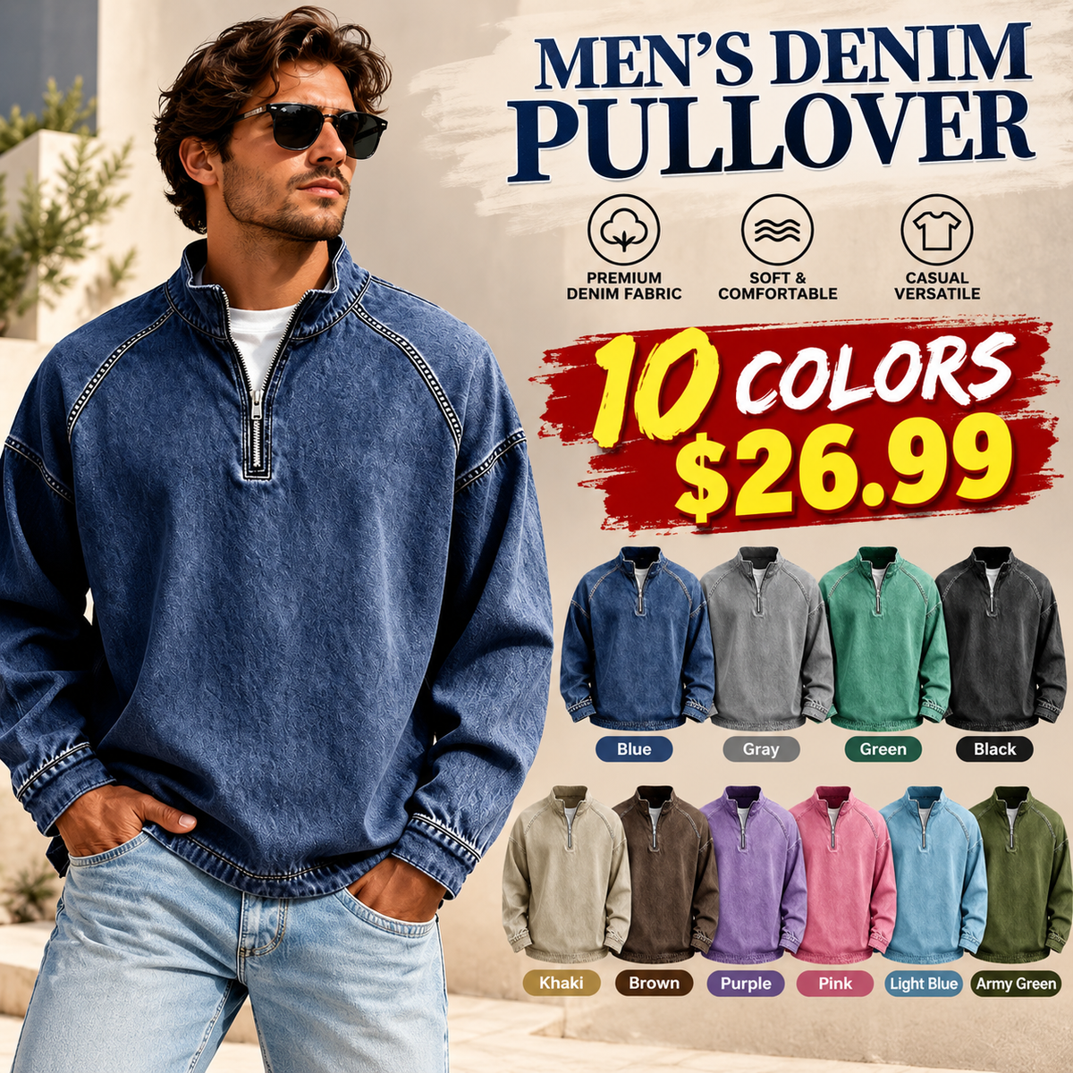 Men's Vintage Quarter-Zip Denim Pullover